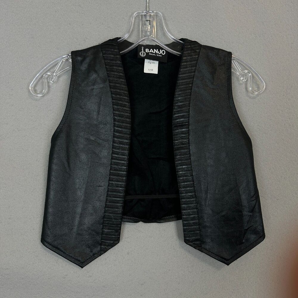 Banjo Dallas TX Kids Black Faux Leather Western Vest Size 6/6X Vintage Cowgirl